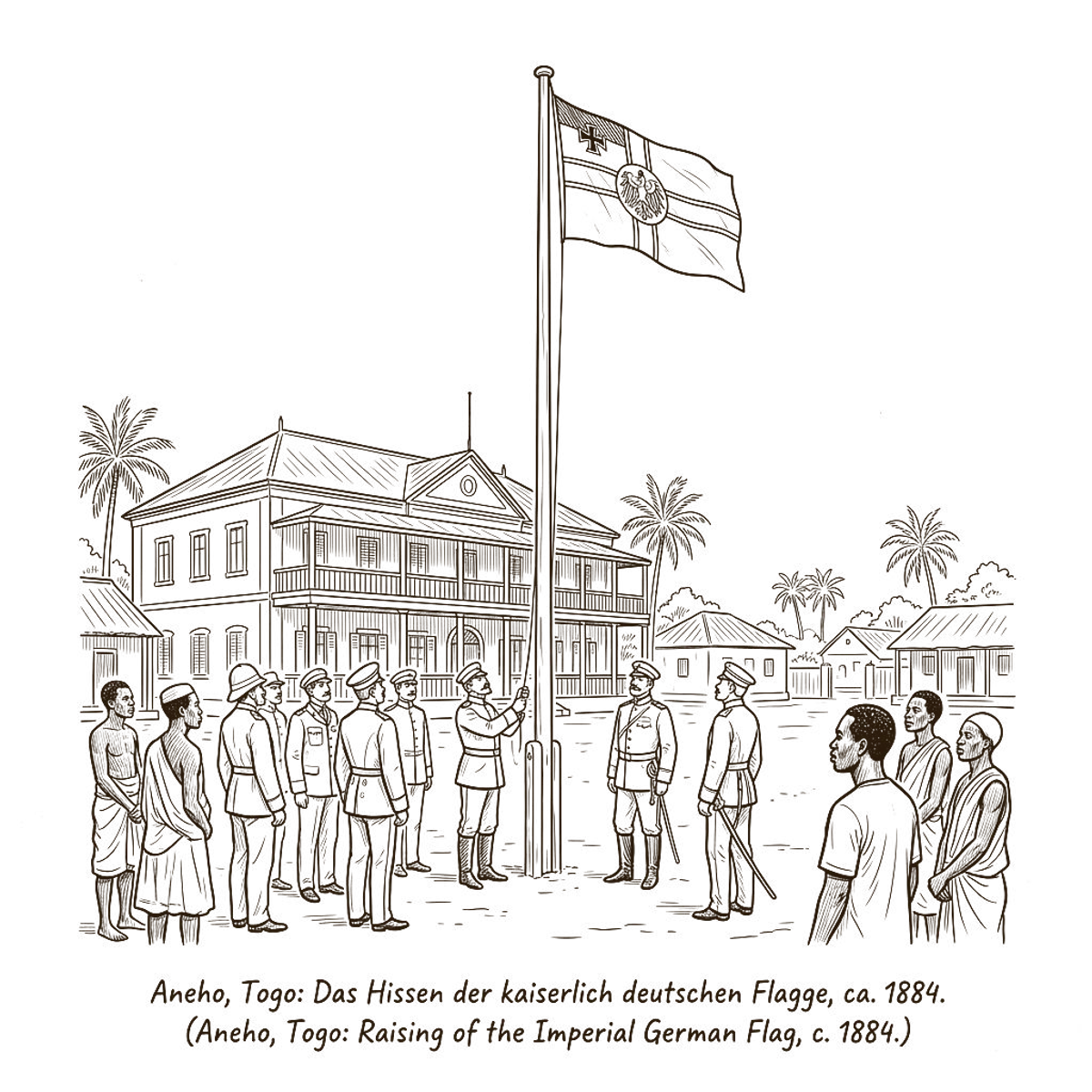 Drapeau allemand hisse a Aneho, protectorat du Togoland 1884-1914